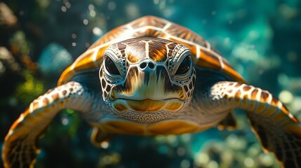 Fototapeta premium Majestic Sea Turtle Gliding Through Ocean Waters in Close-Up View, Underwater Wildlife Photography of Swimming Turtle