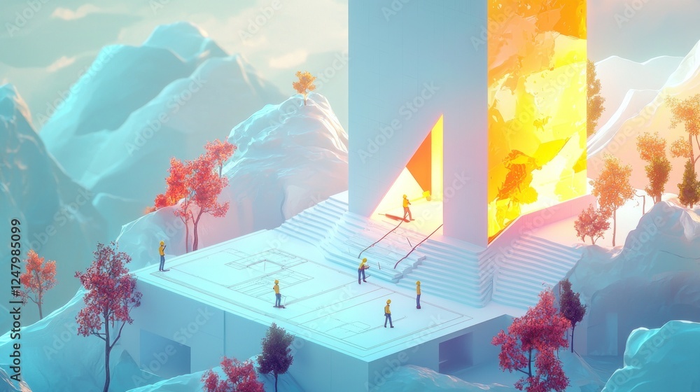 Poster surreal minimalist architecture in a mountainous landscape with small figures.