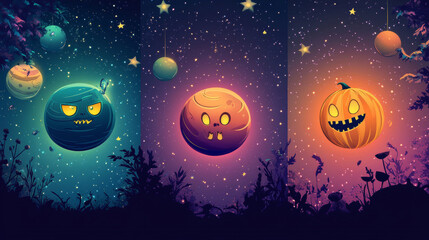 Naklejka premium Space exploring posters. Vector set of futuristic flyers with cartoon illustration of fantasy alien planets on background of outer space with stars. Design template of explore galaxy, cosmos discovery