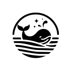 Black & White Whale Illustration within Circle: A Minimalist Icon of a Joyful Whale, Spraying Water and Surrounded by Stars.