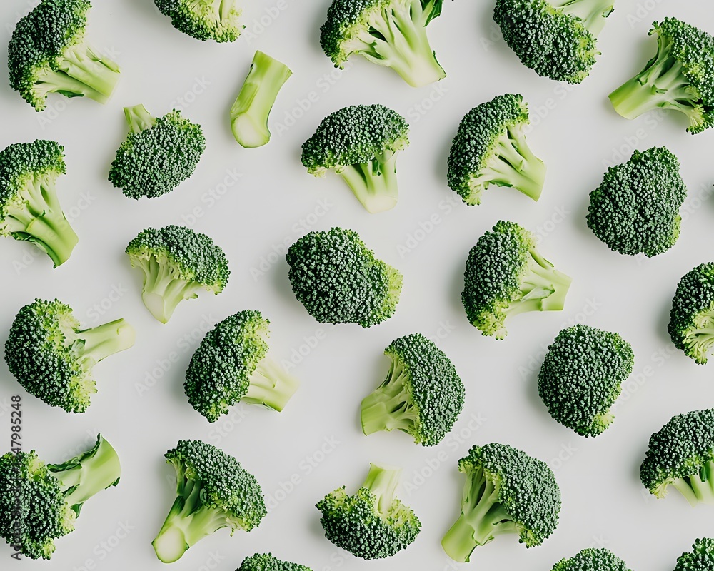 Poster broccoli florets are arranged in a pattern on a white background