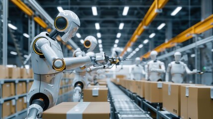 A factory with robots working on a conveyor belt