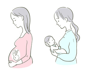 妊娠中の女性と新生児を抱く女性のイラスト