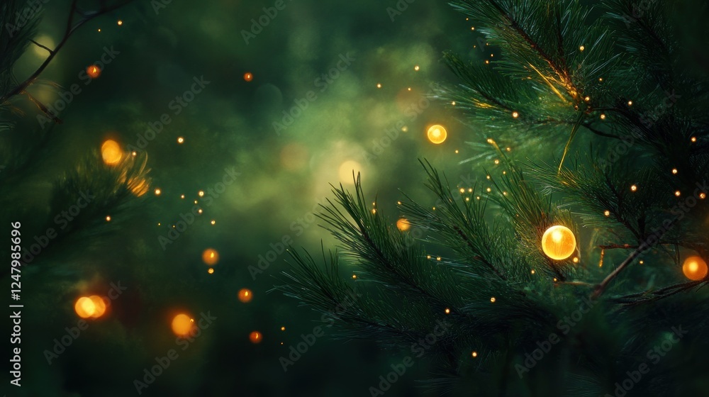 Poster enchanting close-up of illuminated pine branches at night, glowing orbs and bokeh effect creating ma