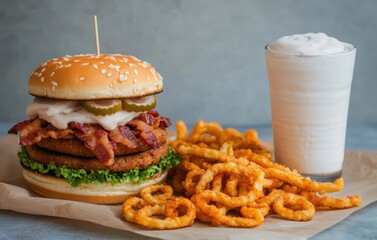Fast food fries concept. A delicious burger with crispy bacon, fresh lettuce, pickles, and a creamy sauce, served with curly fries and a milkshake.