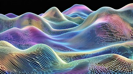 Abstract Holographic Landscape with Wireframe Mesh and Colorful Gradients