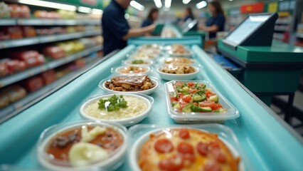 Obraz premium A conveyor belt at a supermarket checkout with frozen food items such as meals, pizzas, and desserts being processed by the cashier. Frost is visible around the packages.