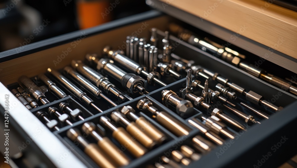 Aufkleber close-up of a meticulously organized drawer filled with various precision instruments and tools.