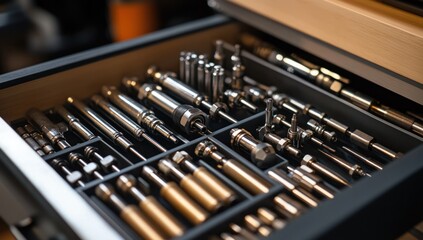 Close-up of a meticulously organized drawer filled with various precision instruments and tools.