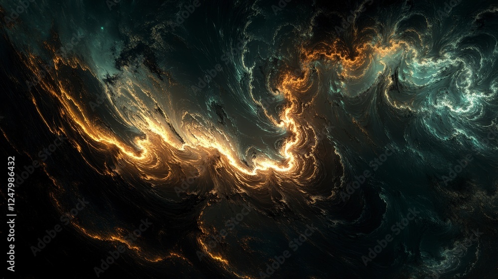 Poster abstract swirling patterns in dark background with bright highlights