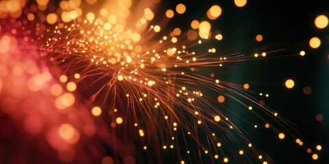 Naklejka premium Abstract glowing fiber optic strands with bokeh lights, dark background.