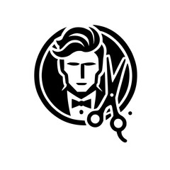 Barbershop logo, featuring a man with hair style in a black circle with scissors.