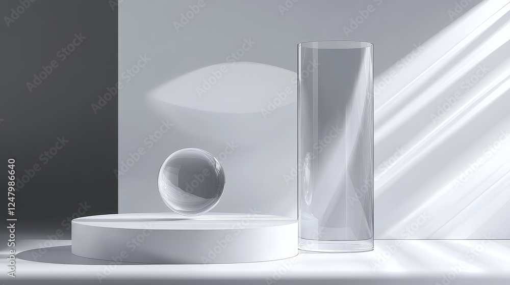 Poster 3d glass box podium. crystal cylinder display stand with background. cube pedestal and circle plexig