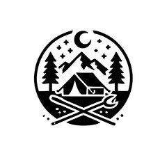 Camping Adventure: Black and White Illustration of Camp, Mountains, and Stars.
