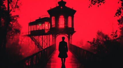 Obraz premium A lone figure walks across a bridge towards a gothic tower under a crimson sky evoking mystery and suspense The setting is ethereal