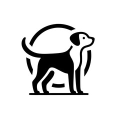 Simple, stylized black and white illustration of a dog inside a circle.
