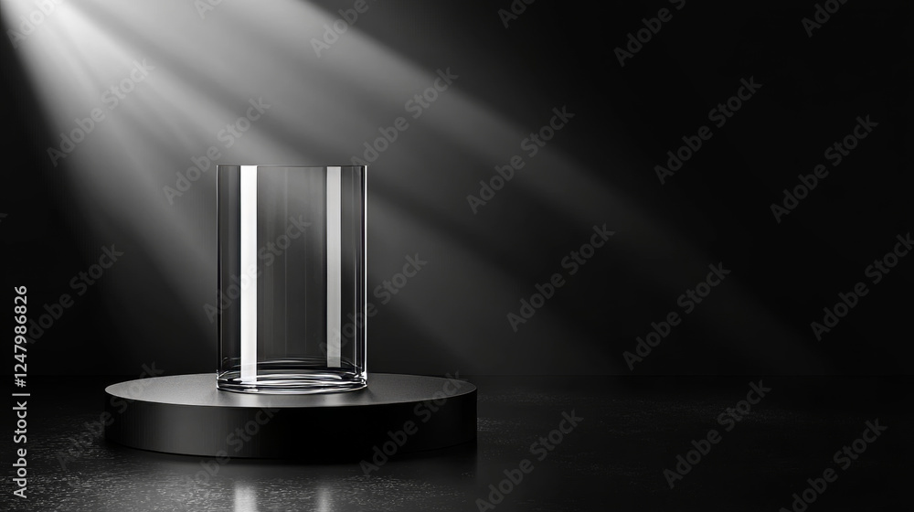 Poster 3d glass box podium. crystal cylinder display stand with background. cube pedestal and circle plexig
