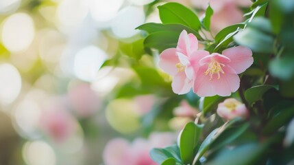 Obraz premium Delicate Pink Flowers Among Lush Green Leaves in Soft Focus Background