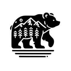 Black Bear Silhouette with Snowy Mountain and Pine Trees in Forest, White Background