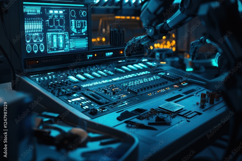 Aufkleber futuristic control panel with robotic arm in a high-tech lab.