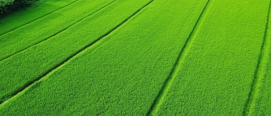 Lush green rice fields stretch across the landscape, showcasing vibrant rows of crops in a healthy agricultural setting.