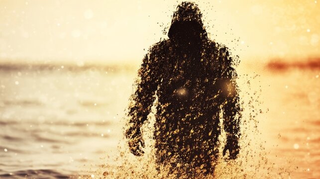A solitary figure emerges from the sea dissolving into sand and spray against a backdrop of the setting sun Poignant transition