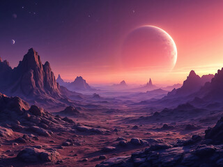 Alien landscape shows vast terrain under a vibrant sky with distant celestial bodies