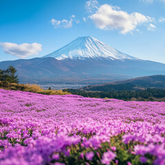Fototapeta premium Mount Fuji and Pink Moss Field, Japan, Generative AI
