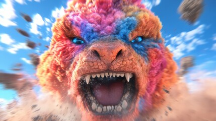 Obraz premium A vivid and fierce monster roars with vibrant colors piercing blue eyes and sharp teeth against a bright blue sky Explosive energy!