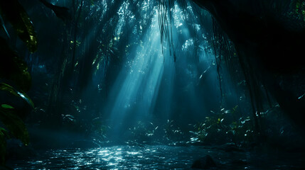 Sunbeams in dark jungle, stream, mystery, adventure game background