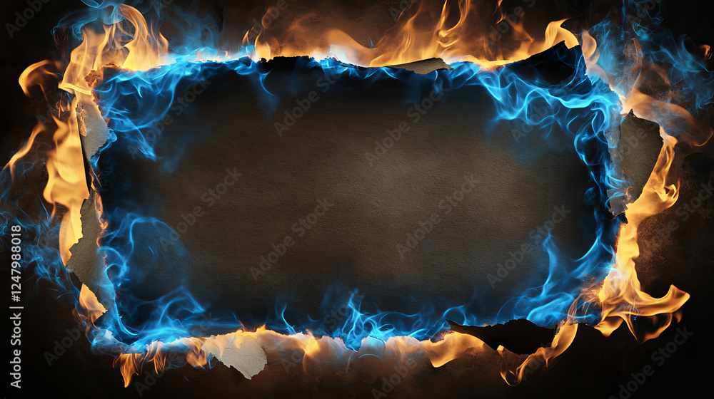 Aufkleber burnt edges and holes in paper with blue fire and black ash. borders and frames from scorched and sm