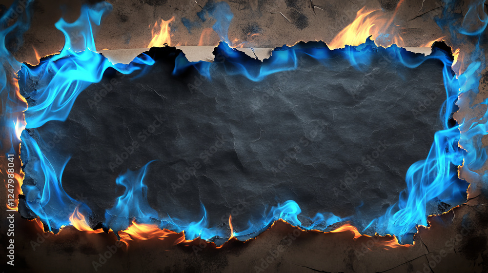 Aufkleber burnt edges and holes in paper with blue fire and black ash. borders and frames from scorched and sm