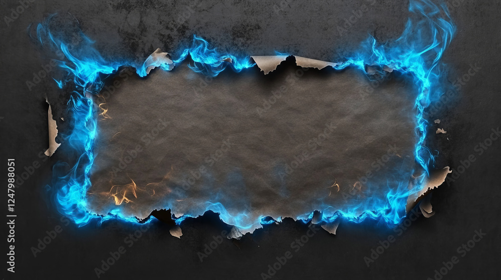 Poster burnt edges and holes in paper with blue fire and black ash. borders and frames from scorched and sm