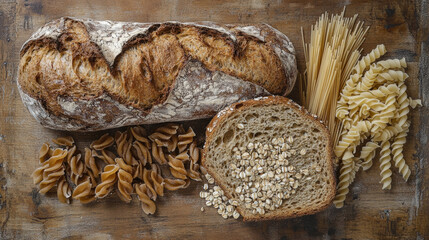 Rustic composition of fiber rich foods including whole grain bread, pasta, and oats, showcasing healthy and wholesome lifestyle. Perfect for nutrition focused imagery