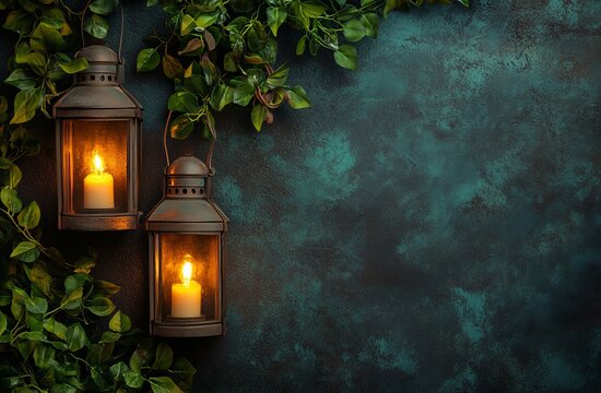 Glowing lanterns, greenery, teal backdrop, candlelight, garden design