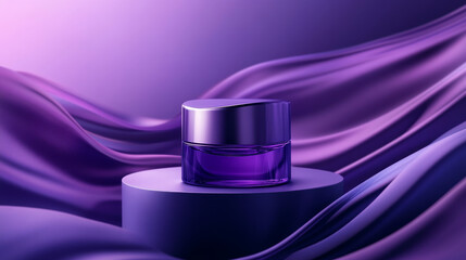 Purple abstract background with cylinder product podium and geometric fluid wave layers elements on wall for promo. Realistic 3d violet bg with showcase pedestal. Goods display platform.
