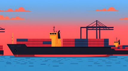 Obraz premium Exploring a Colorful Port with Cargo Ships and Cranes Against a Stunning Sunset Sky Landscape. Multimodal Transport Concept