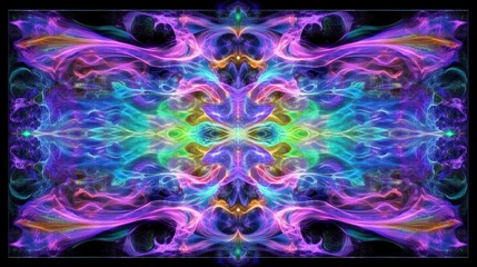 Symmetrical Abstract Design with Vibrant Neon Colors and Fractal Elements