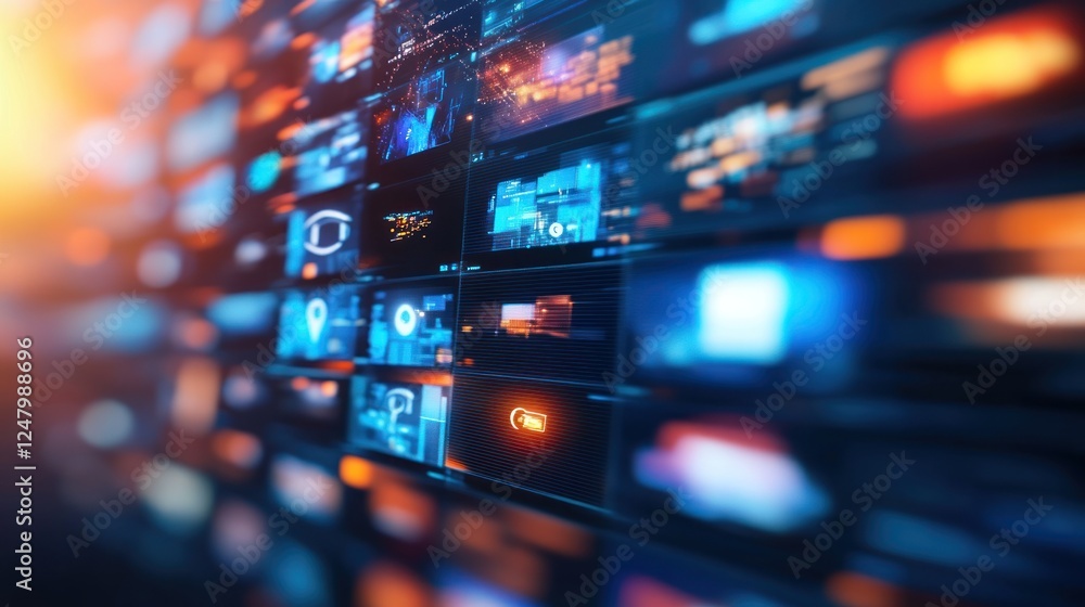 Poster abstract digital data streams and glowing screens.