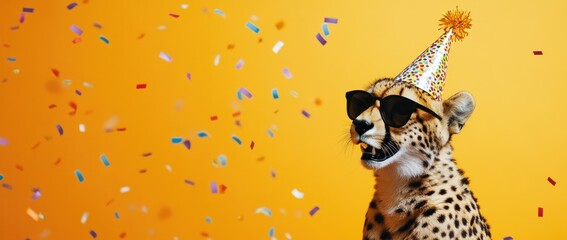 Cheetah wearing party hat and sunglasses amidst confetti.