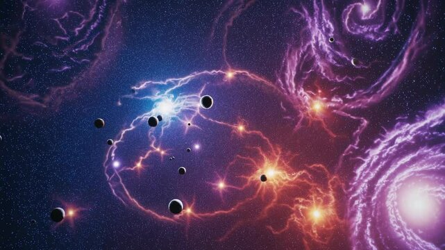 The video showcases a cosmic journey through swirling galaxies and vibrant nebulae, capturing the vastness of space from a wide-angle camera angle.