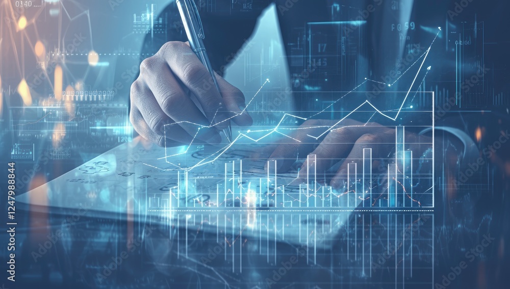 Poster close up of hands writing on a document overlaid with digital charts and graphs, showing data analys