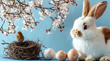 A white rabbit is sitting on a blue background with a nest of eggs and a bird. generated using AI