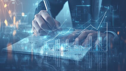 Close up of hands writing on a document overlaid with digital charts and graphs, showing data analysis and financial concepts