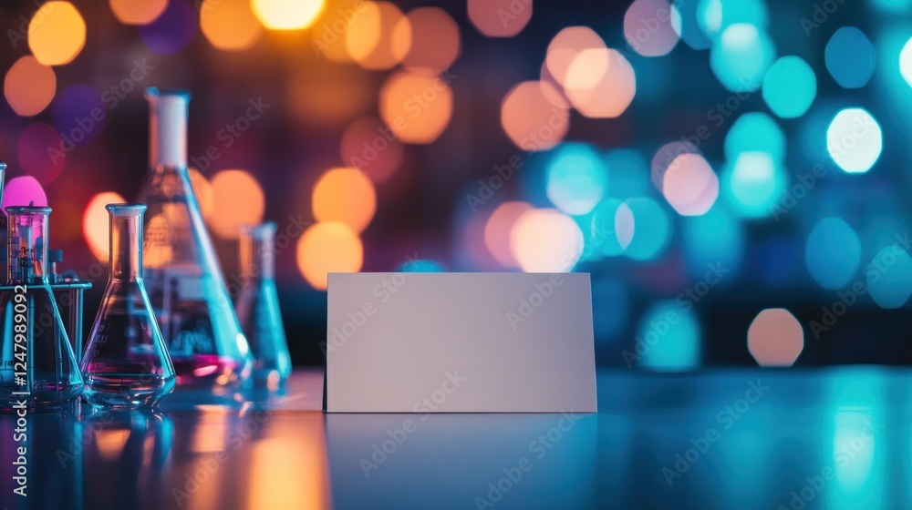Poster blank card in front of laboratory glassware with bokeh background.