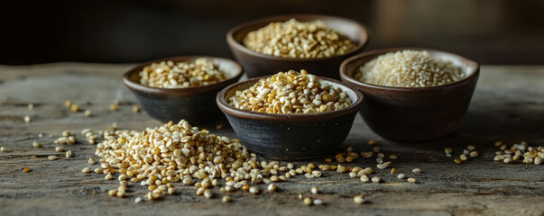 Rustic setup of gluten free cereals including rice, buckwheat, and millet in bowls on wooden table, showcasing natural textures and earthy tones