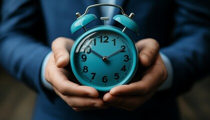 Businessman Holds Teal Alarm Clock