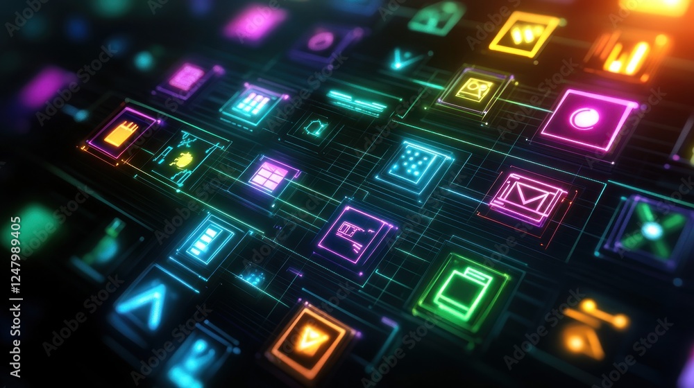 Poster abstract digital interface with glowing icons and network connections.