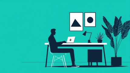 Fototapeta premium Minimalist Workspace Illustration Featuring a Person Working on a Laptop with Indoor Plants and Wall Art