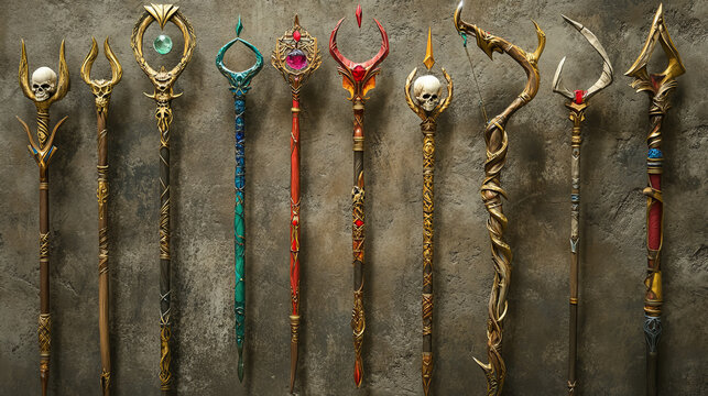 Cartoon set of magic bows and triden staffs isolated on background. Vector illustration of golden, silver, wooden crossbows for war game fight, hunting, witchcraft sticks decorated with gems and skull